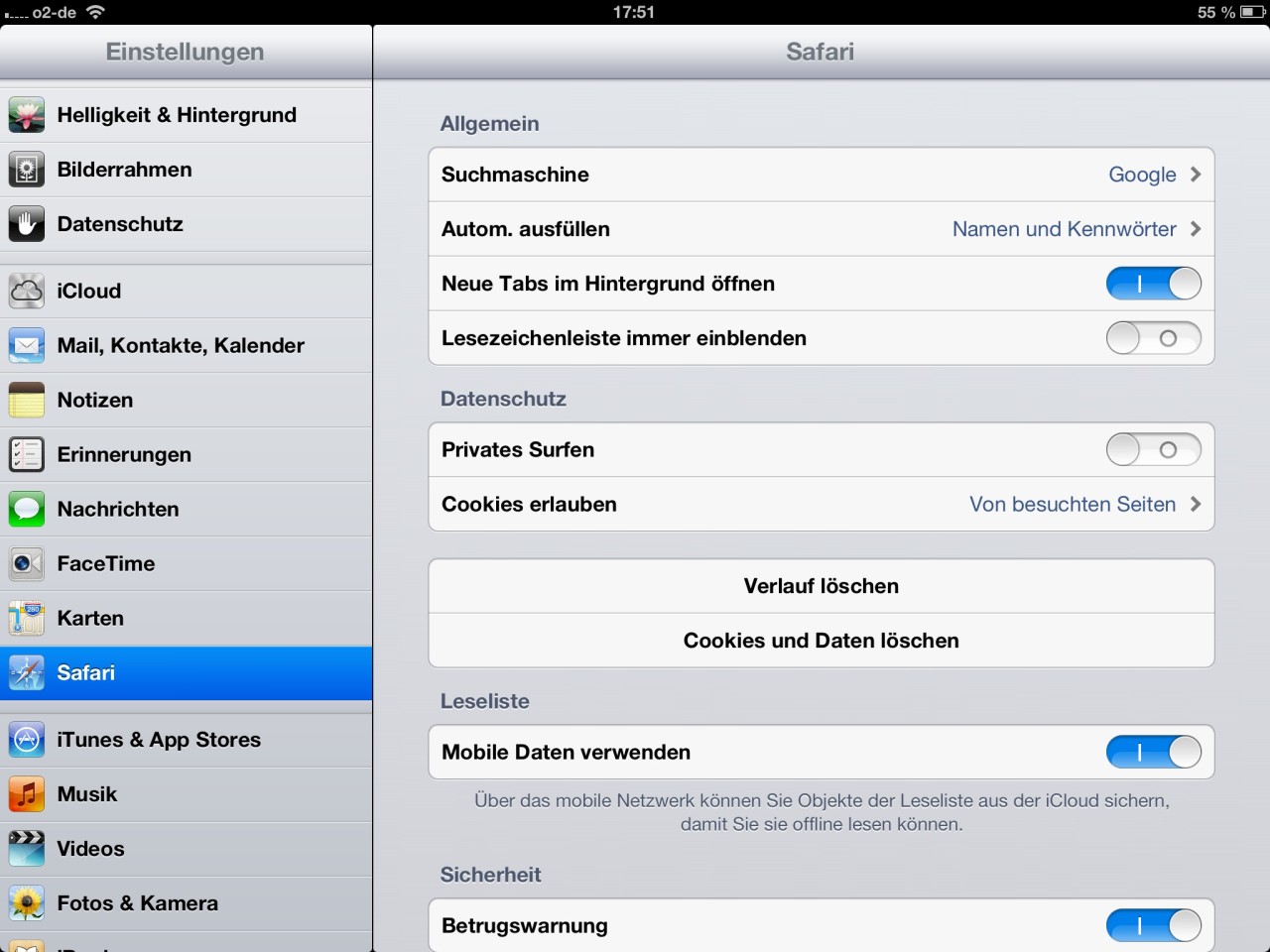 Das Einstellungspanel der Mobile Safari