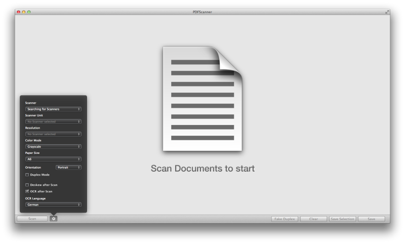 PDFScanner mit geöffneten Scanoptionen