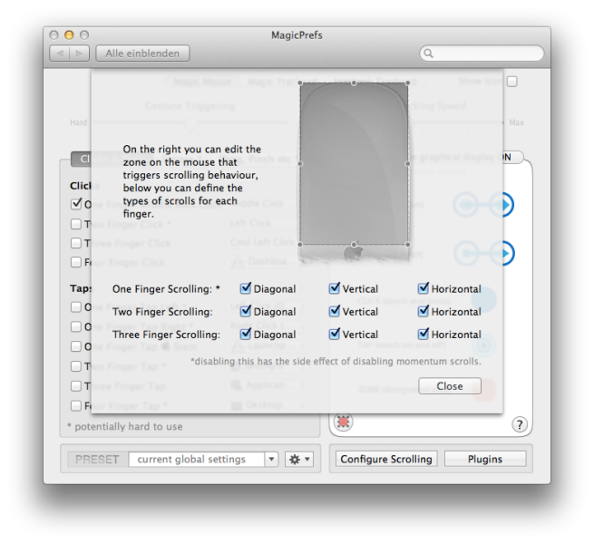 Die "Scrolling" Optionen von MagicPrefs