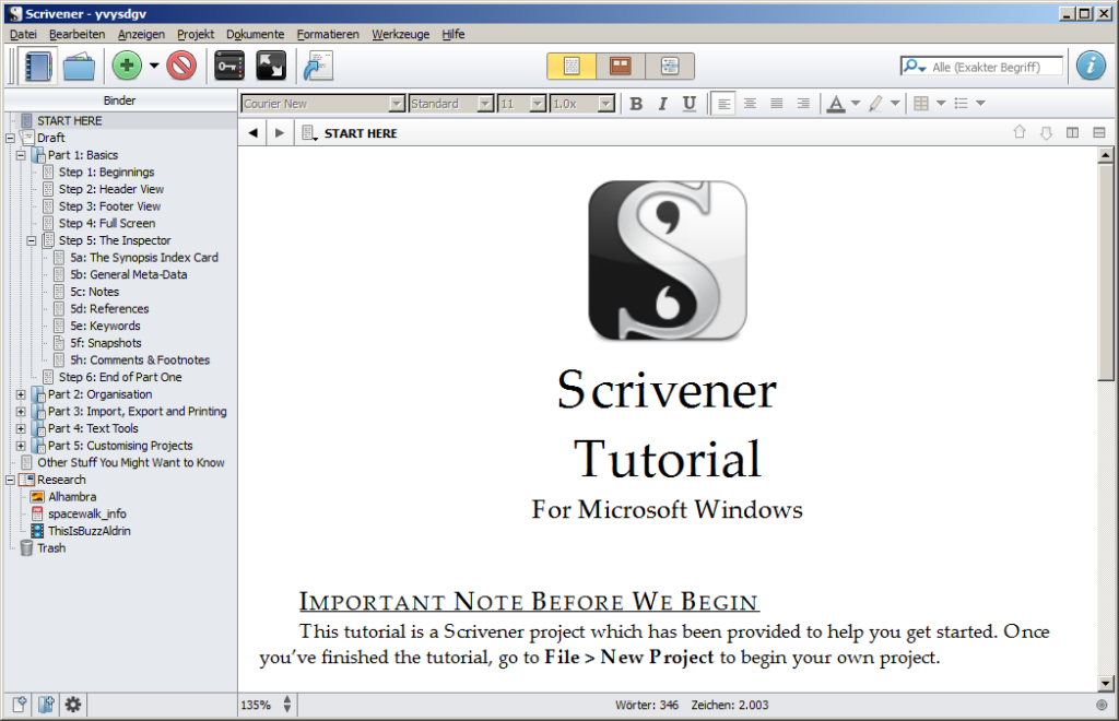 Die Windowsversion von Scrivener