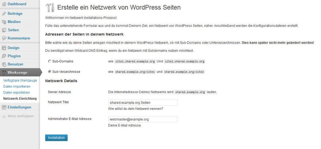 Die Netzwerk-Einrichtung unter WordPress