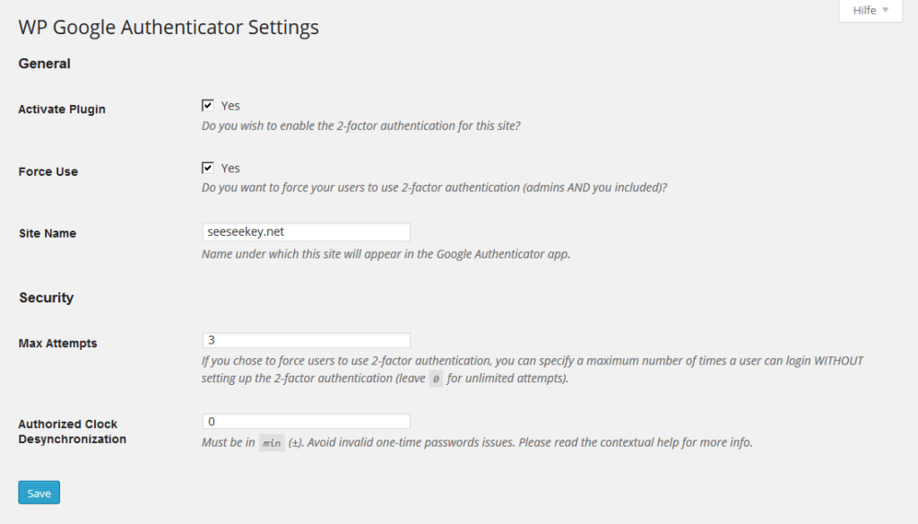 Die Einstellungen des "Google Authenticator for WordPress"