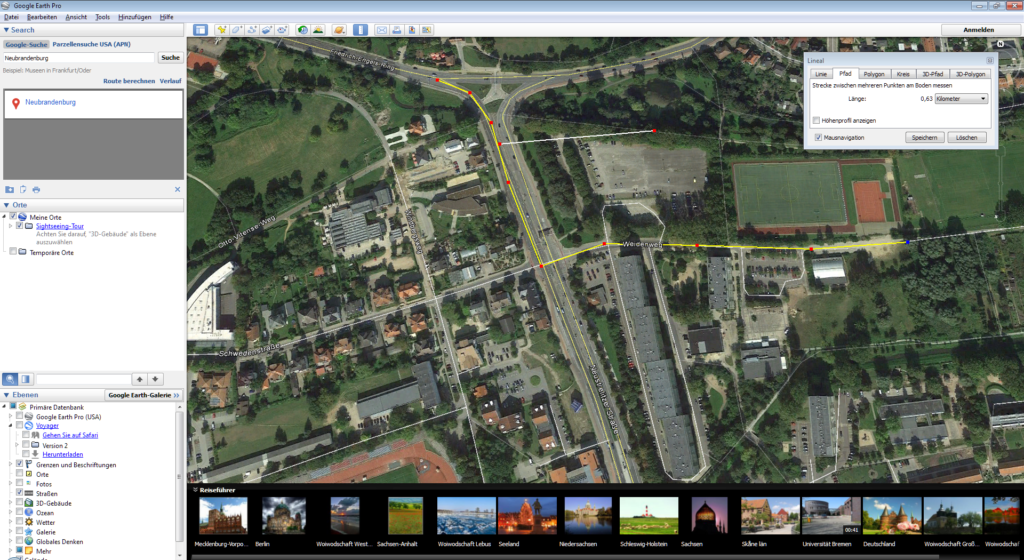 Google Earth Pro mit geöffneten Messwerkzeugen